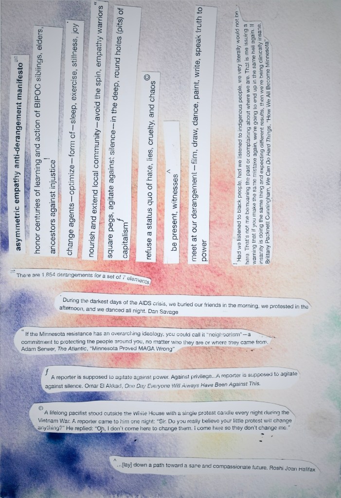 A collage of text snippets and quotes with watercolor background, discussing themes of activism, empathy, and social justice.