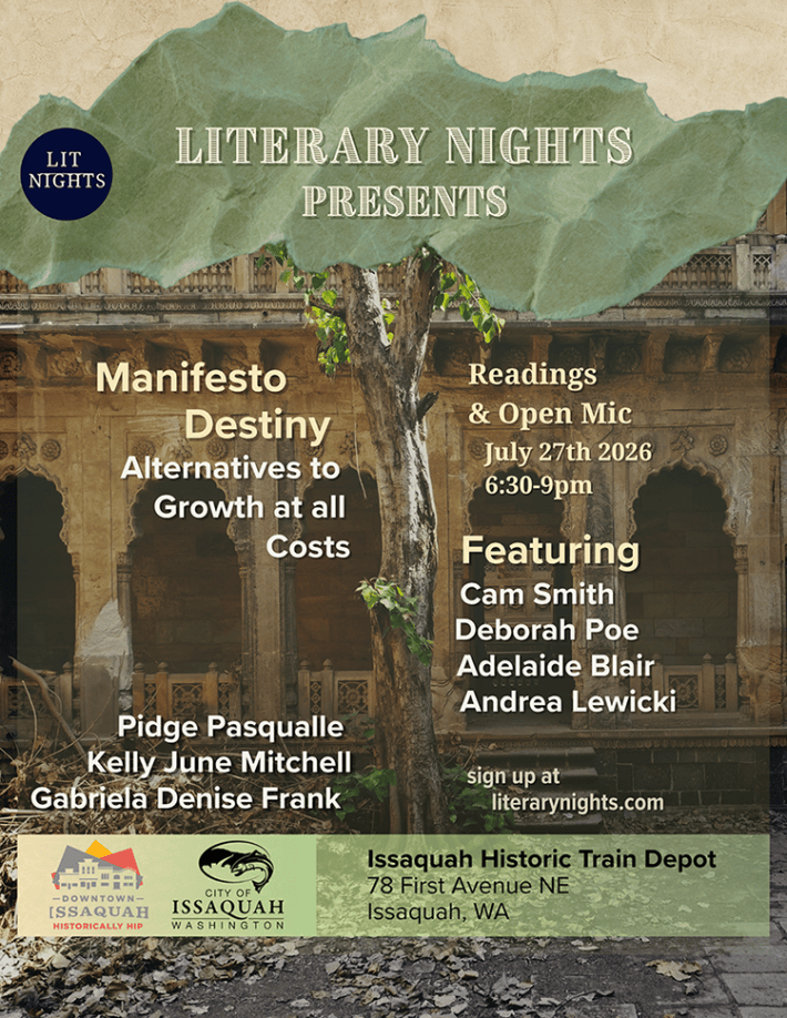 Promotional poster for Literary Nights event featuring readings and open mic on July 27, 2026, from 6:30-9 PM at Issaquah Historic Train Depot. Lists participants and event details.